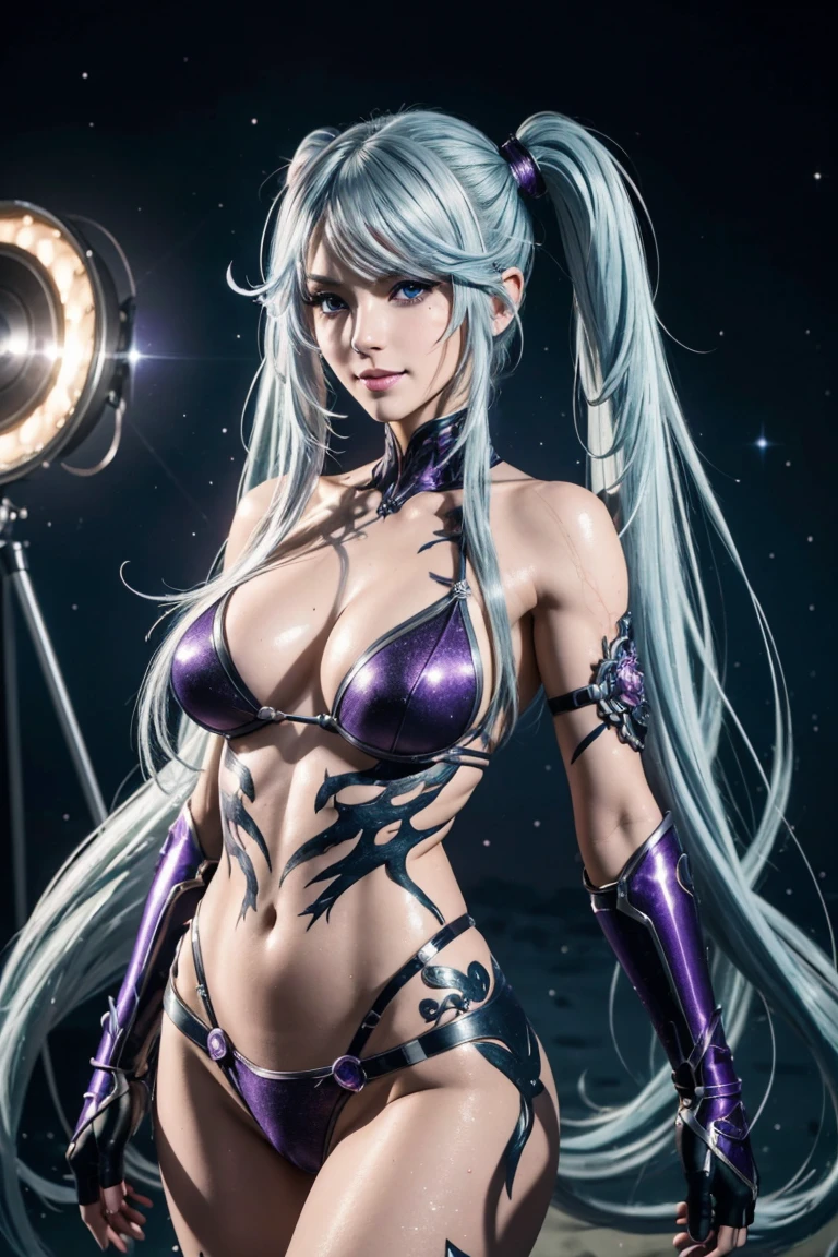 I want to be a powerful figure behind the scenes！,Epsilon,Silver blue hair,long hair,Twin tails,Aligned bangs,Beautiful purple eyes,Beautiful white skin,Photorealistic,Ultra HD,high quality,masterpiece,Digital SLR,Detailed details,Intricate details,Anatomical basis,Depicted in detail,A detailed face,Realistic skin texture,Vivid details,Perfect Anatomy,Perfect Anatomy,Anatomically correct hand,Anatomically correct fingers,Super Detail,Complex 3D rendering,Sexy pose,tail,Wet,Beautiful night sky,A beach with a beautiful starry sky,Fantasy worldview,Picturesque,Pink Lips,smile,