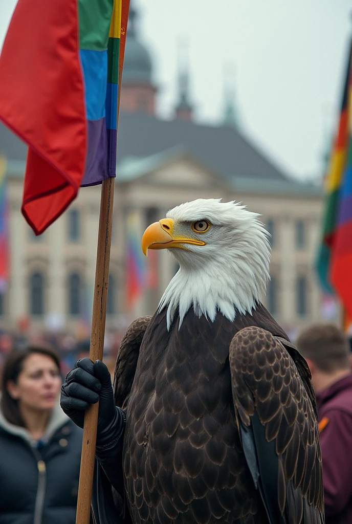 A picture in which LGBT loses and Poles take down the rainbow flag and the white eagle triumphs