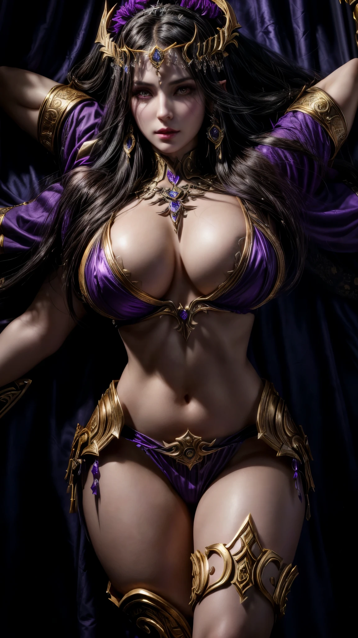 arafed woman in purple and gold costume with a sword, extremely detailed goddess shot, goddess. extremely high detail, dark sorceress full view, masterpiece goddess of sorrow, cinematic goddess body shot, beautiful dark elf countess, dark elf princess, liliana vess, ne zha from smite, mighty plump female sorceress, cinematic bust shot