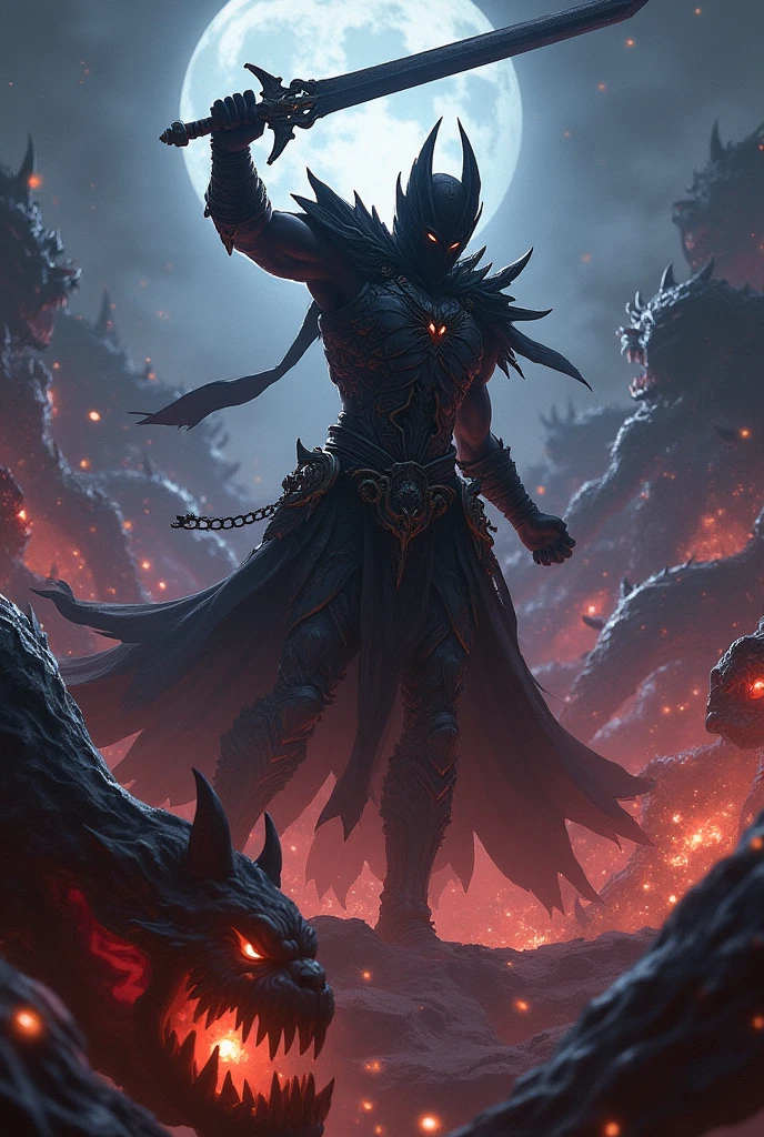 Voltex wields his dark sword in the midst of a monstrous horde, unleashing his "Shadow Eclipse" ability. Shadows swirl and coalesce around him as he strikes, his sword slicing through the air with dark, shimmering energy. Each swing releases a wave of shadowy power that envelops and annihilates the approaching monsters. The scene is filled with a dramatic contrast between the dark, enveloping shadows and the fiery, chaotic forms of the defeated beasts, highlighting Voltex’s prowess and the destructive force of his power.


