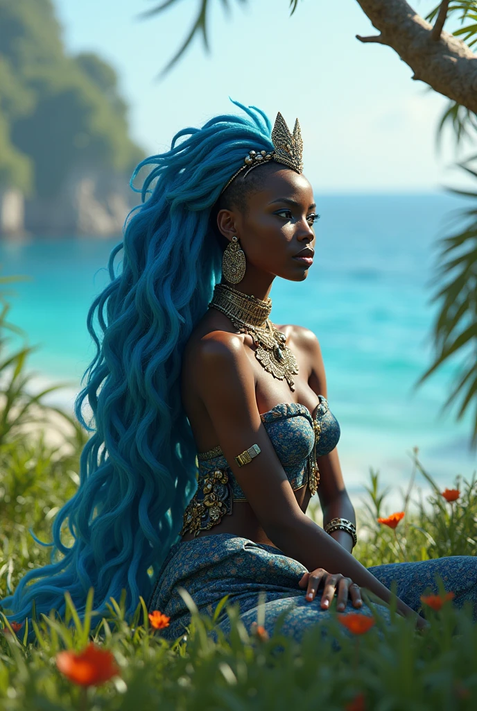 araffe with blue hair and blue hair sitting on a lawn, epic 3 d oshun, qiyana, stunning african princess, doja cat, beautiful goddess, gorgeous woman, beautiful curves, beautiful genie girl, thicc, beautiful city black woman only, nicki minaj curvy, dark skin female goddess of love, giant stunning goddess shot, vanessa blue