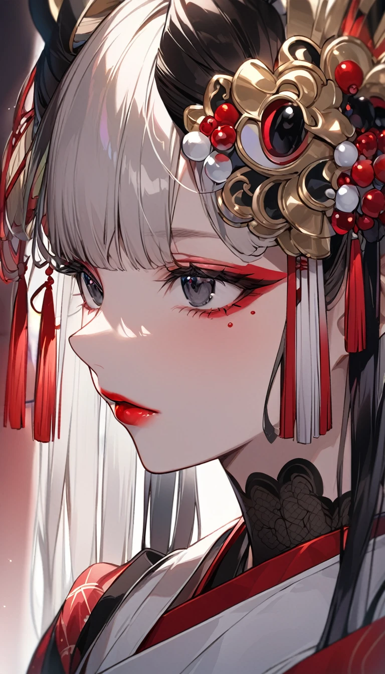 Close-up of a woman in a white dress and red headdress, beautiful character painting, detailed painting 4 K, 8K high quality detail art, this is a close-up illustration depicting a character in a costume. The painting was created in the art form of the "Guweiz" style. The tears of the characters in the painting are blood red, and the whole is set against a pure white background. She is portrayed as a goddess of love and beauty. There is a lot of blood in the picture, giving it a very bloody feeling. And with white as a background. The costumes and facial expressions of the characters are very detailed, showing detailed depictions. The overall picture is covered with blood, giving people a palpitating feeling.