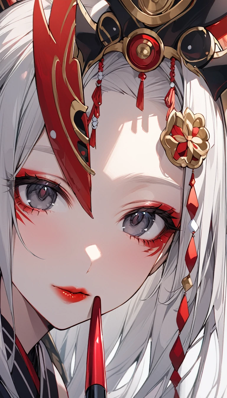 Japanese Oiran、１People Women、black eye、Hold a small lip brush over your lips、Red lips、Beautiful Japan hair ornament、Face close-up、