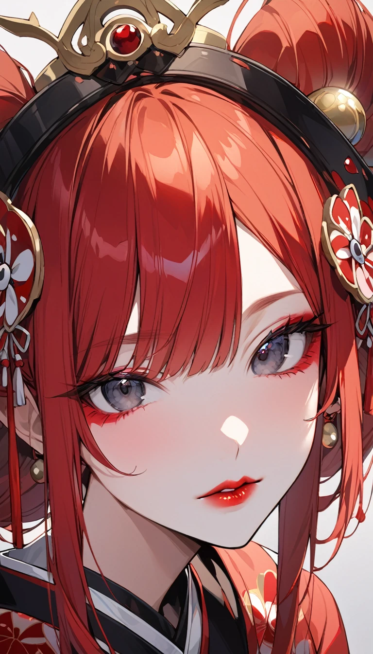 Japanese Oiran、1People Women、black eye、Hold a small lip brush over your lips、Red lips、Beautiful Japan hair ornament、Face close-up、
