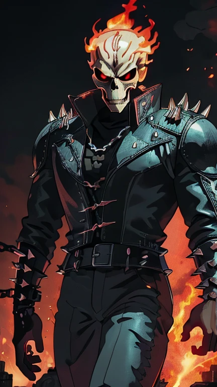 (1male: ghostrider), (extremely detailed CG unit 8k wallpaper),(master part), (best quality), (ultra detail), (best illustration),(ghibli style), cowboy shot, (Sharp eyeliner, ombre, detail eyes:1), Dracula Castle background, ,break , (vamptech), upper body, flaming skull head, studded leather jacket, chains, embers, hellfire, glowing flames,