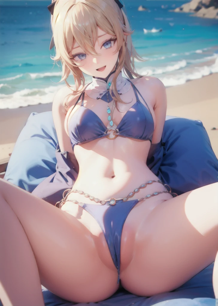 smile, blue bikini, sit and spread her legs wide apart, have a sex toy, open mouth and drool, on the beach, nsfw