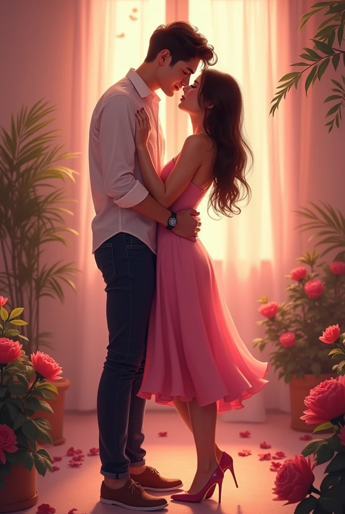make image of skinny, tall boy doing romance with her girlfriend wearing pink dress and pink shoes both are older than 22 age and girl is healthy with body, and add one text comment on photo that "Om ka Paplet"
