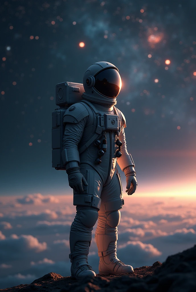 Sure! Here's a detailed prompt for generating an image o
"Generate an image of an astronaut standing in space, gazing upward with a sense of wonder and awe. The astronaut is wearing a modern spacesuit, with a reflective visor that subtly shows the stars and galaxies. The background is a vast, deep space filled with distant stars, nebulae, and planets. The lighting should highlight the astronaut's form, creating a contrast between the dark expanse of space and the bright suit. The overall mood of the image should be serene and inspiring, capturing the essence of exploration and discovery."