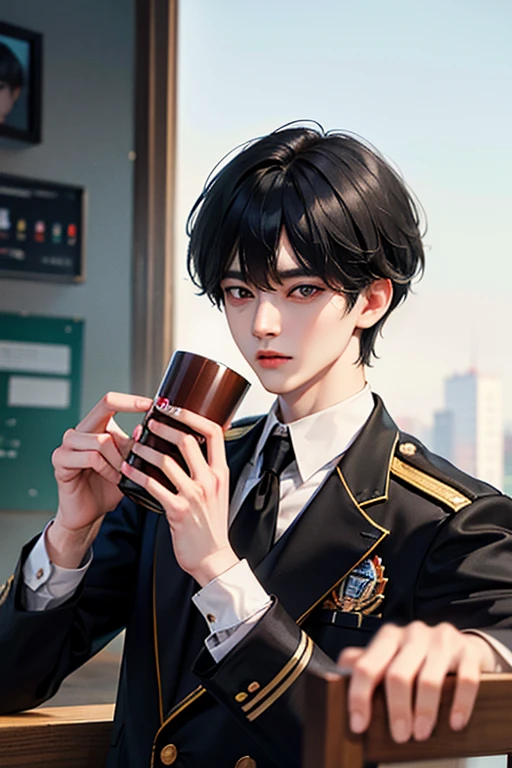 black hair, white skin, Age 18, super detail, masterpiece, 8k, 1 boy, Handsome, High Quality, refreshing, school background, Short hair, uniform, Handsome appearance, Korean-like appearance, Bulletproof Kim Taehyung
