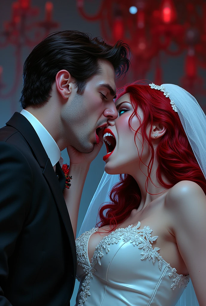 a dark fantasy art, dark comic, dark goth picture of a ((vampire bride: 1.5)), biting her groom, a female vampire bride,  female vampire in a ((white leather wedding dress)), (goth wedding dress: 1.4), with bloody gown, best detailed face,  ((blood on face)), ((vampire fangs: 1.5)) ultra feminine, pale skin, red haired, long hair, wedding hair cut style, blue eyes, ((blue glowing eyes: 1.3)), wearing (white leather wedding dress: 1.4) bloody gown, (wearing white high heels: 1.4), in the honeymoon suite, biting the the groom, bloody face, BREAK a beautiful human man, ultra detailed face (best details, Masterpiece, best quality: 1.4), wearing a wedding tuxedo, honeymoon suite background, vibrant, Ultra-high resolution, High Contrast, (masterpiece:1.5), highest quality, Best aesthetics), best details, best quality, highres, 16k, [ultra detailed], masterpiece, best quality, (extremely detailed)