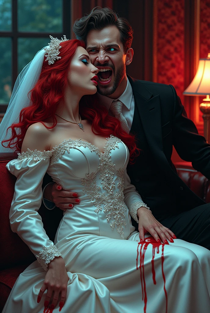 a  comic picture of a ((vampire bride: 1.5)),  biting her groom, a female vampire bride, vampire female in a white leather wedding dress, goth wedding dress, with bloody gown ), best detailed face,  blood on face, ultra feminine, pale skin, red haired, long hair, wedding hair cut style, blue eyes, (blue glowing eyes: 1.3), wearing (white leather wedding dress: 1.4) bloody gown, (wearing white high heels: 1.4), in the honeymoon suite, biting the the groom, bloody face, BREAK a beautiful human man, ultra detailed face (best details, Masterpiece, best quality: 1.4), wearing a wedding tuxedo, honeymoon suite background, vibrant, Ultra-high resolution, High Contrast, (masterpiece:1.5), highest quality, Best aesthetics), best details, best quality, highres, 16k, [ultra detailed], masterpiece, best quality, (extremely detailed)