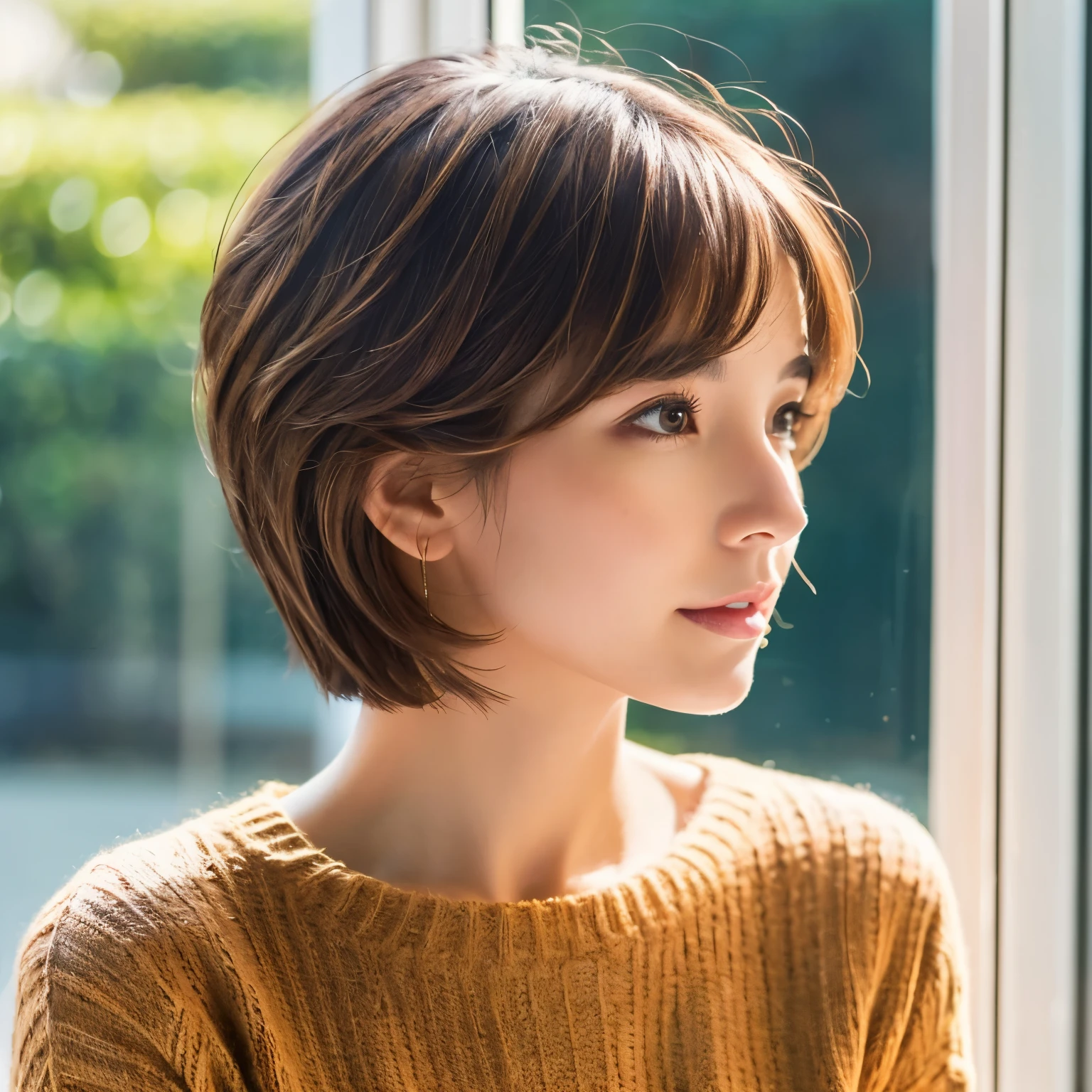 best quality, ultra detailed, beautiful lady, short cut hair, brown hair colour, window, sunny, summer sweater