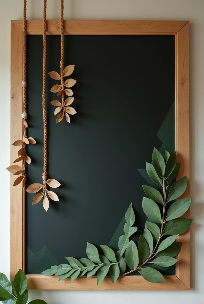 A soft board in classroom,its base is covered with black glaze papers and the wooden borders are covers with dark green colored zigzag shaped hard charts and two thick strings made with rolled brown craft papers hanging from top left corner coming down to bottom left corner and it have small leaves craft stick on the strings