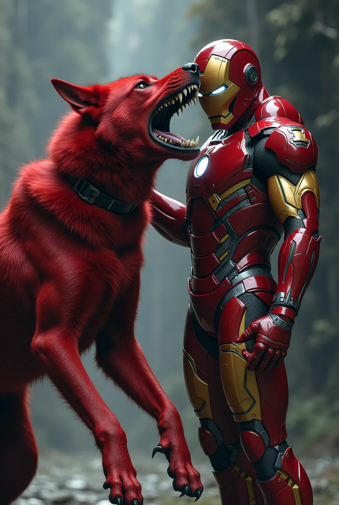 a dangerous red dog, dog wear ironman's costume, dog open his mouth for biting and Ironman standing beside the dog Ironman hold dog collar in hands