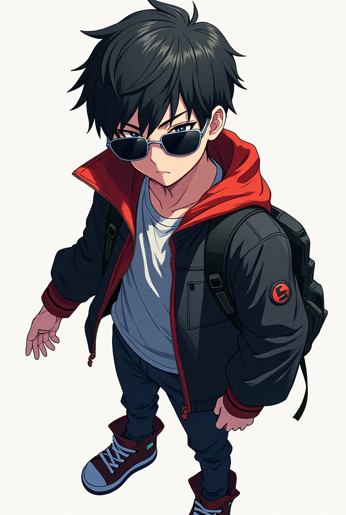 anime boy He will be wearing a jacket. And his eyes will be wearing sunglasses. His hands and feet can be seen.