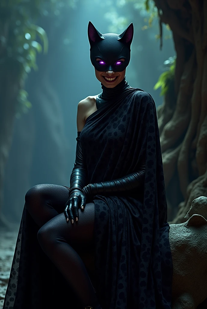 Evil Catwoman of Indian origin in a black cheetah print saree with her cat eyes mask hunting down a prey with a cunning and evil smile on her purple lips sitting on her cat style throne with her glowing cat eyes