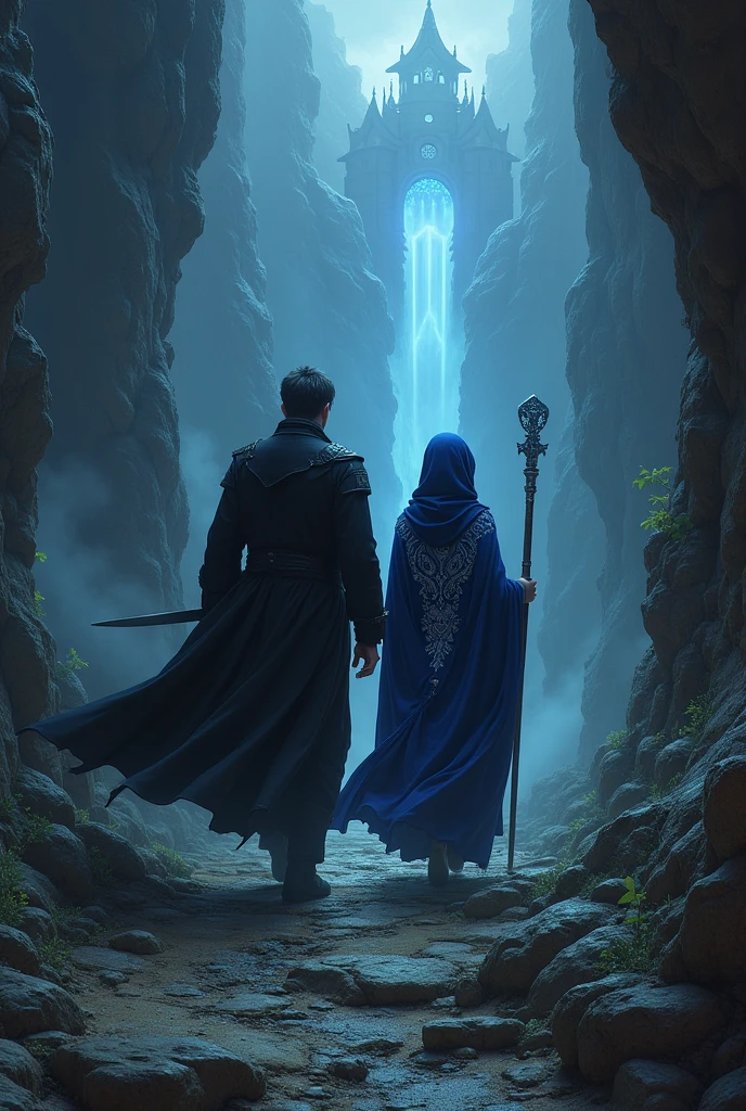 Voltex and Mirage advance along a treacherous path leading to the Castle of Chaos. Voltex, dressed in a long black coat with a noble white shirt, his dark sword at the ready, moves with a determined, mystical aura. Beside him, Mirage, in a deep blue robe adorned with intricate silver embroidery, carries an ancient magical staff. Her eyes glow with a pale blue light beneath her hood. The path is rugged and shrouded in darkness, with jagged rocks and swirling mist creating an ominous and foreboding atmosphere as they journey toward their destination.