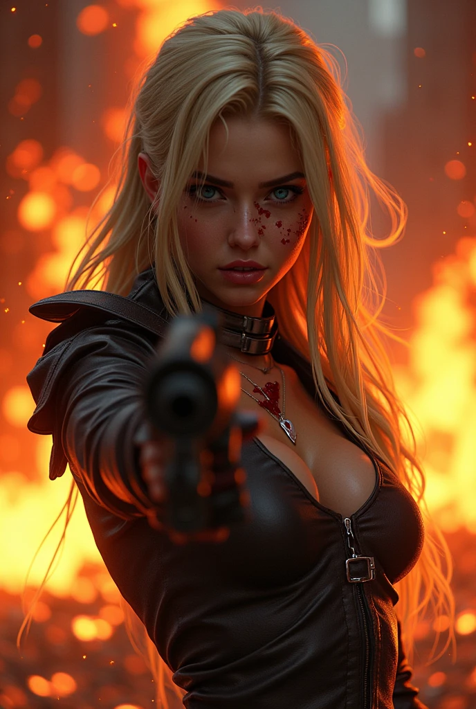 blond woman with gun in front of a fire with blood on her face, cyberpunk angry gorgeous goddess, badass anime 8 k, chloe price, cyberpunk beautiful girl, cyberpunk 2 0 y. o model girl, cyberpunk girl, 2 b, 2b, deviantart artstation cgscosiety, female cyberpunk anime girl, wojtek fus, cyborg - girl with silver hair