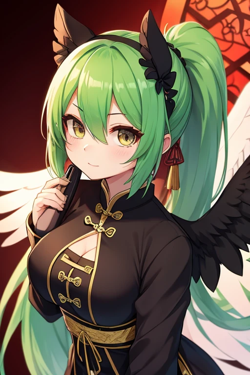 Cute Girls　Gothic Chinese Clothing　Green Hair　Drill Hair　ponytail　真front　Eye patch　Angel&#39;s wing　Devil&#39;s Tail　tooth　Background white　Upper Body　Anime Style　sd　　One person　front　Big Tits　Condescending smile