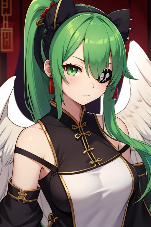 Cute Girls Gothic Chinese Clothing Green Hair Drill Hair ponytail 真front Eye patch Angel's wing Devil's Tail tooth Background white Upper Body Anime Style sd One person front Big Tits Condescending smile