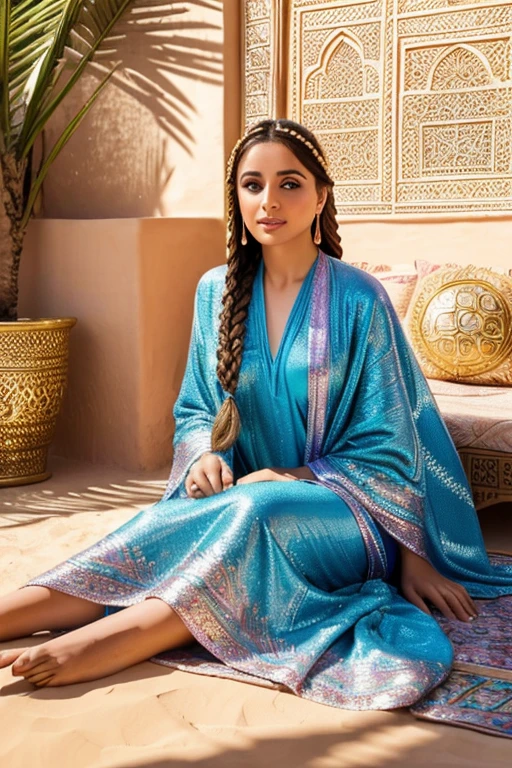 photo of alluring Princess Lalla Salma of Morocco beautiful woman sparkling splashing rainbows, ((bright eyes)), super long braids, (laying in Moroccan oasis), palms, dunes, oasis, glistening, exotic jewelry, riad, dripping, iridescent, long kaftan abaya (masterpiece) (best quality) (detailed) (8k) (HDR) (wallpaper) (cinematic lighting) (sharp focus) (intricate)