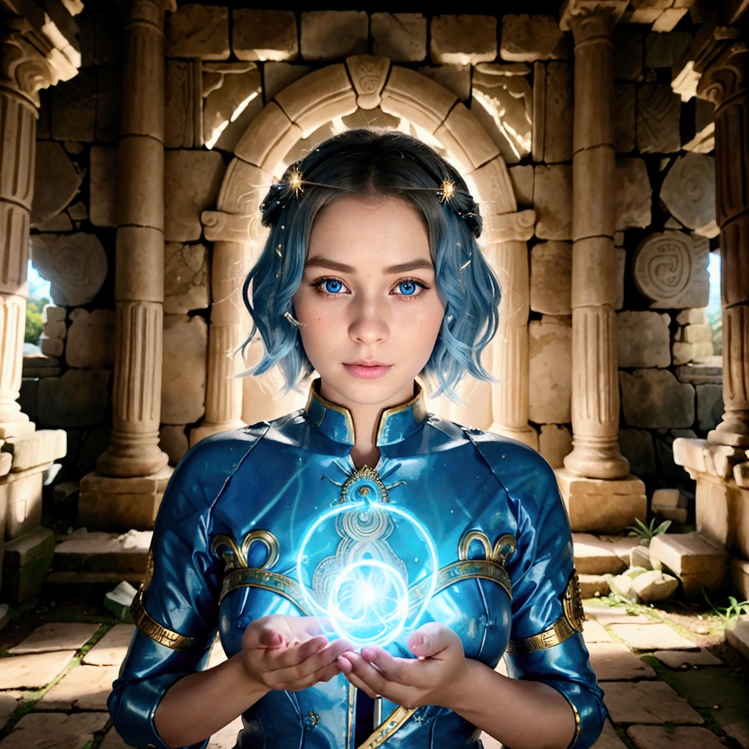Create a photorealistic image of Anna, 25 years, with short blonde hair, neatly arranged in waves. She has big blue eyes, straight nose and full lips, curved into a soft smile. Anna in Mai cosplay, with blue hair, styled in a stylish bob. She is wearing Siren armor., decorated with magical symbols, which glow with a soft blue light. Magical streams of energy swirl around her hands., which form a ball of bright light, symbolizing the power and mystical strength of Mai. In the background are the ruins of an ancient temple on Pandora, surrounded by glowing energy fields, which emphasize mystery and ancient magic, hidden in this place. Fragments of old statues and artifacts are scattered on the ground., testifying to the former glory of this temple. Anna looks like the embodiment of ancient powers., Able to cast powerful spells and protect Pandora's mysterious secrets.