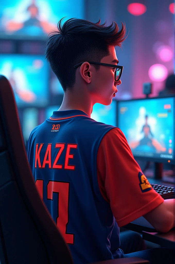 A young man gamer wearing esports jersy with eye glasses and a name "K A Z E" at the back.