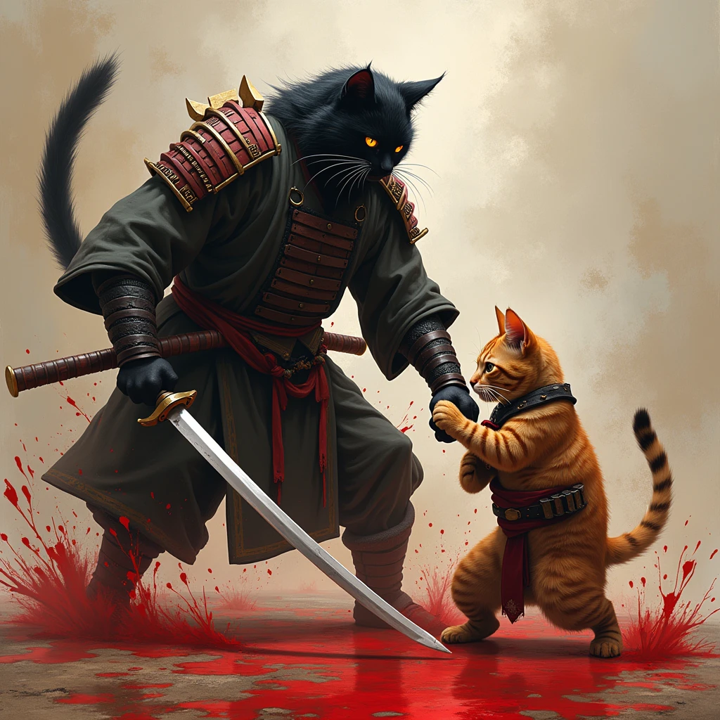 samurai cat kills his human master, blood everywhere