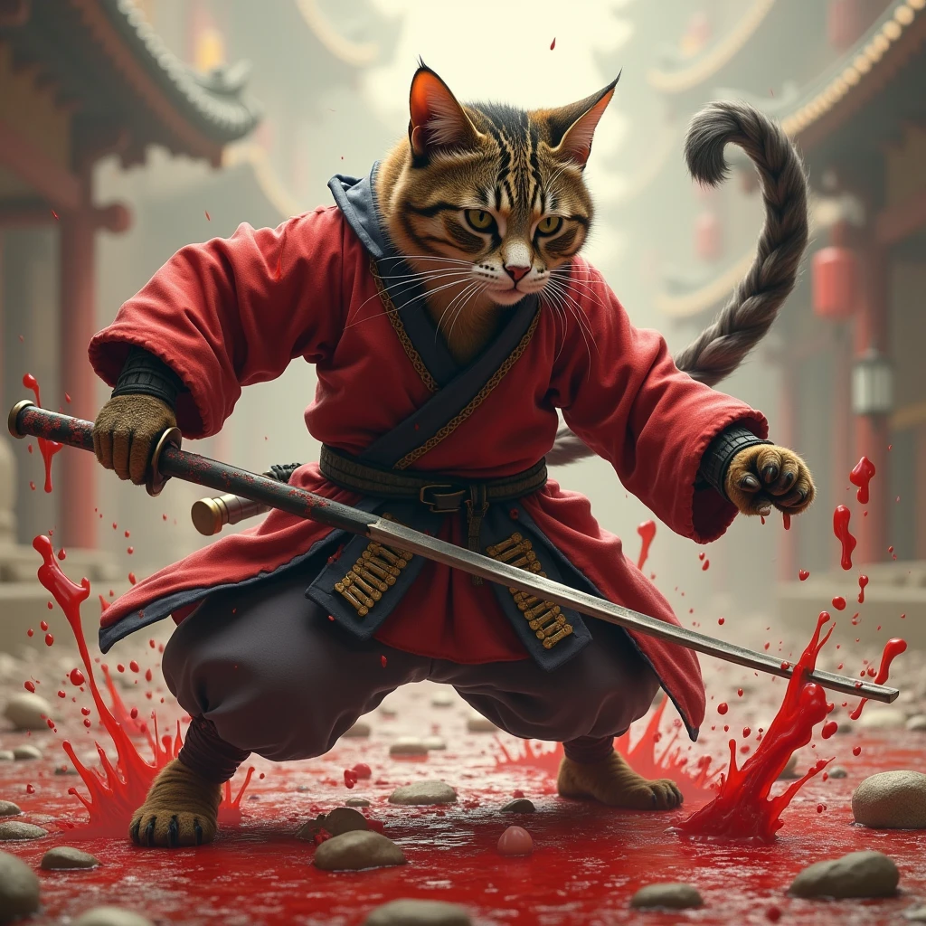 samurai cat kills his human master, blood everywhere