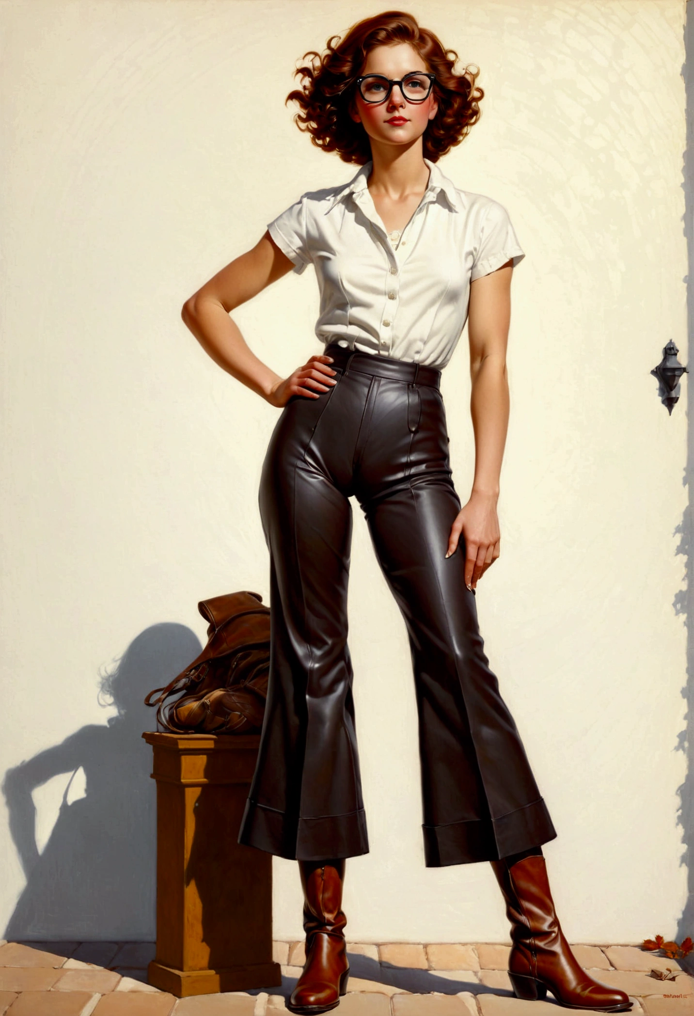 illustration peinture dans le style de Norman Rockwell d&#39;un beau mannequin aux cheveux bruns courts seins nus et un pantalon en cuir lunettes de soleil bottes noires mains derrière la tête