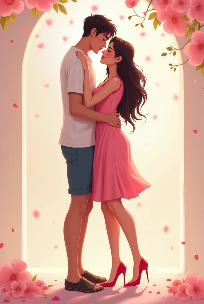 make image of skinny, tall boy doing romance with her girlfriend wearing pink dress and pink shoes  both are older than 22 age and girl is healthy with body, and add one text heading on photo that "Om ka Paplet"