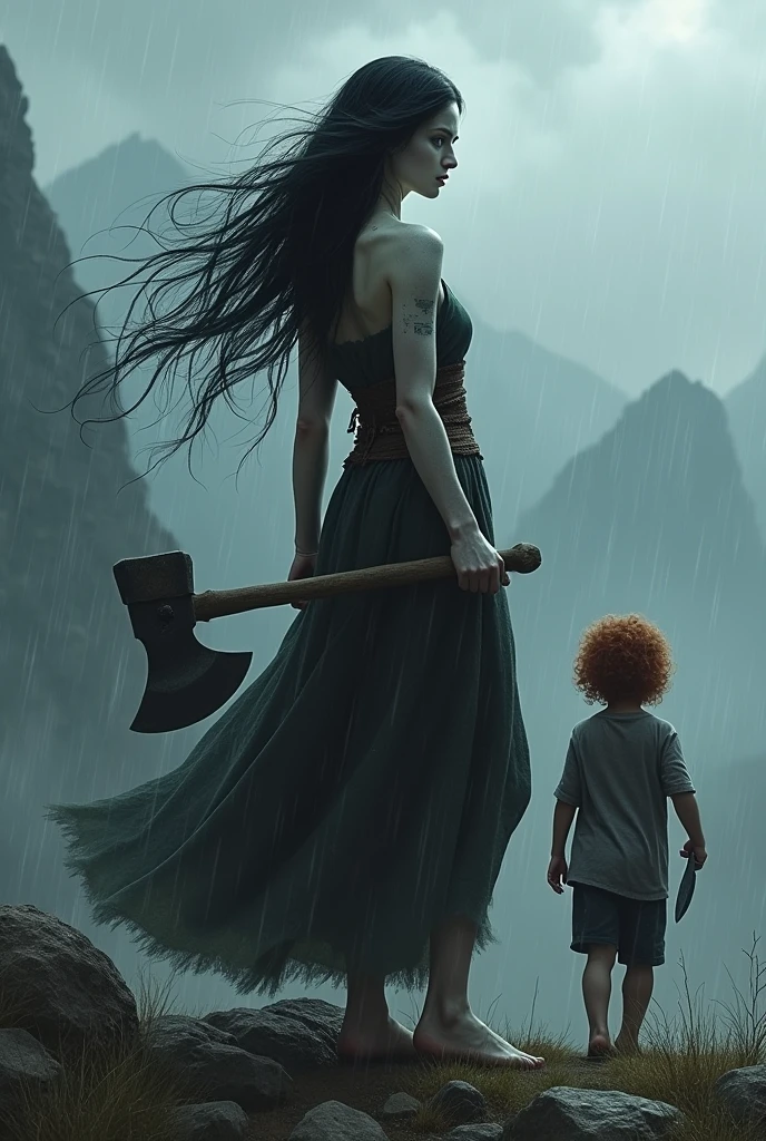 On a mountain, in rainy weather, a woman with very long black hair and white skin and an axe in her hands and behind her stands a small boy child with curly red hair with a small knife