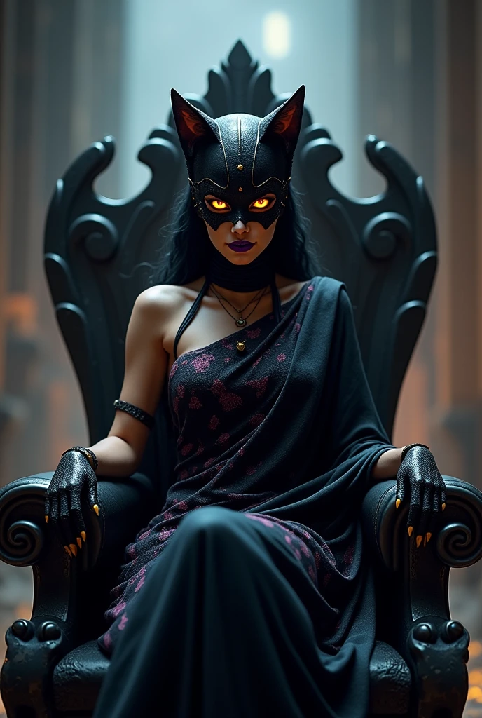 Evil Catwoman of Indian origin in a black cheetah print saree with her cat eyes mask hunting down a prey with a cunning and evil smile on her purple lips sitting on her cat style throne with her glowing cat eyes
