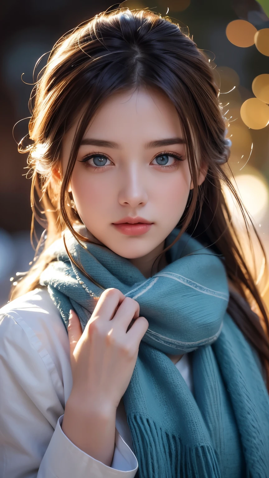 (8K, best quality, masterpiece: 1.2), (best quality: 1.0), (Ultra-high resolution: 1.0), watercolor, A beautiful woman, (shining pupils,Blue pupils),bShoulder, scarf, Agnes Cecil, Full body portrait, Extremely bright design, Soft colors, Autumn Lights, Melancholy Gray, Alexey Savrasov, Ivan Shishkin, Ilya Repin, (Card decoration: 1.2), 2d, (painting: 1.2) Very detailed