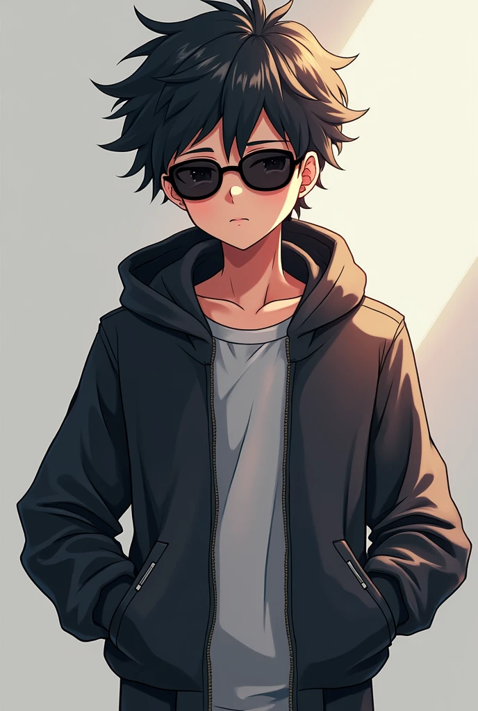 anime boy He will be wearing a jacket. And his eyes will be wearing sunglasses. His hands and feet can be seen. Stablle photo