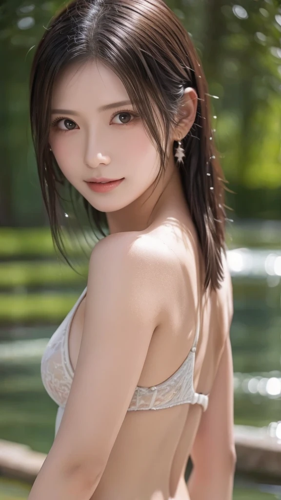 Highest quality, masterpiece, Ultra-high resolution, Supermodel soaks in Japanese hot springs, Outdoor hot spring, Stone hot spring, Moss and tree々Surrounded by, Super beautiful face, Pure Body, Pores are clearly visible, (smile:0.8), Wearing separates ,Large Breasts(G Cup)、Wet black hair、Wet medium bob hair、 (realism:1.5), Original photo, Wet body, Sweating all over the body, Exposing shoulders, In the Dark, Deep Shadow, Low posture, Cold Light