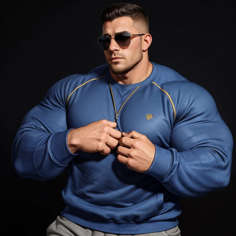 a very handsome young man, short hair, mid fade haircut, sunglasses, simple blue sweatshirt with long sleeves, exaggeratedly huge, exaggeratedly muscular, with exaggeratedly huge muscles, with exaggeratedly huge biceps, arms and shoulders, exaggeratedly huge and muscular body, with an exaggeratedly huge bulge, on a black background