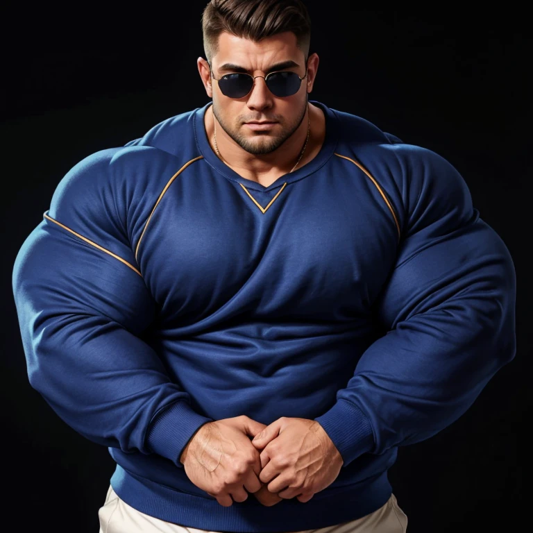 a very handsome young man, short hair, mid fade haircut, sunglasses, simple blue sweatshirt with long sleeves, exaggeratedly huge, exaggeratedly muscular, with exaggeratedly huge muscles, with exaggeratedly huge biceps, arms and shoulders, exaggeratedly huge and muscular body, with an exaggeratedly huge bulge, on a black background