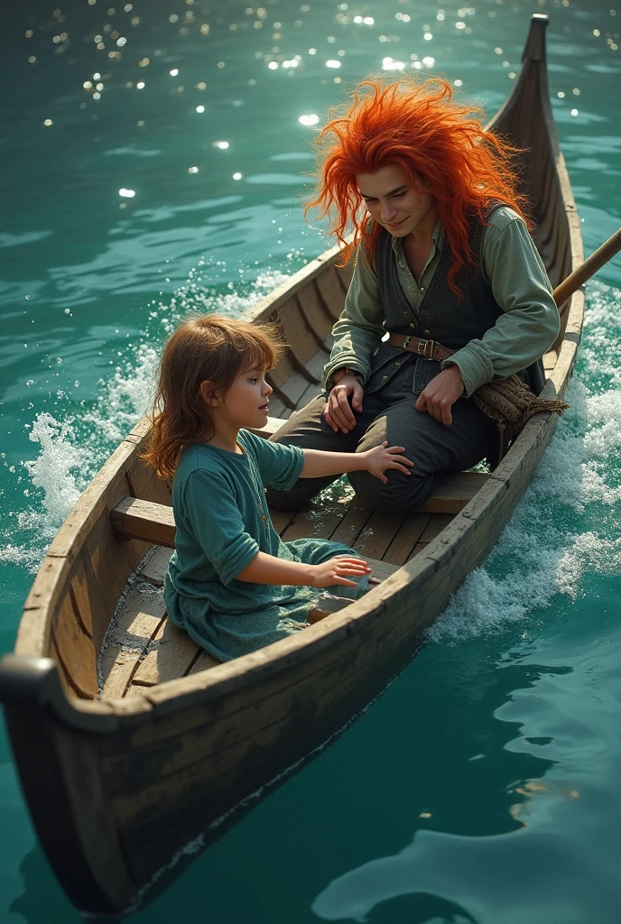 A red-haired boy, Her skin is somewhat pale, It is a young triton that is in the water, but at the same time he is supported by a canoe in which Harry Hook is.
