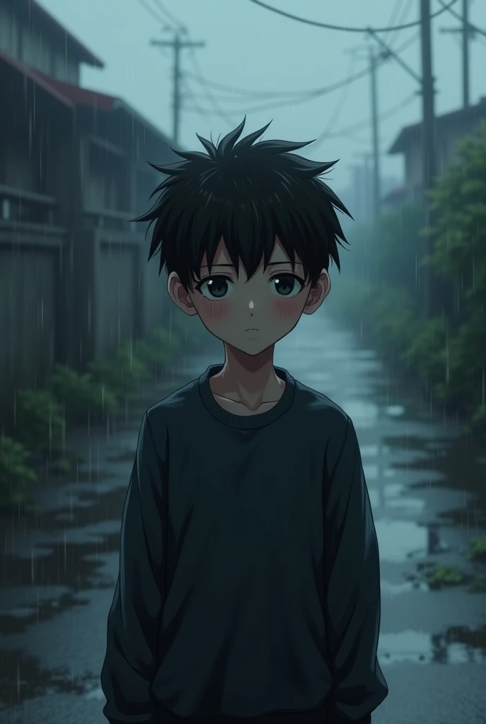 Teen age boy rainy background with sad