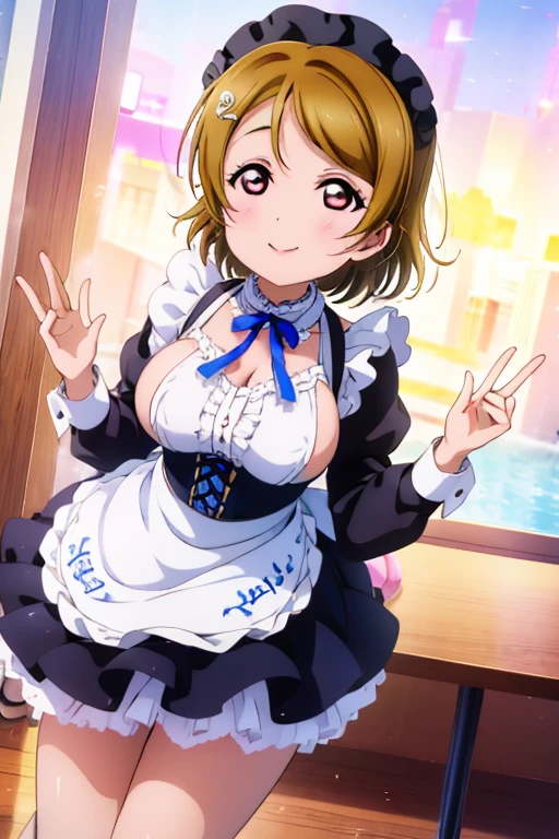  Highest quality、masterpiece、One Girl、alone、anime、animeScreencap、Ray Tracing、Global Illumination、ultra hi resolution picture、Bright colors、Light on the face、Glowing Eyes、Depth of written boundary、Detailed Background、cute、Straight、smile、View your viewers、Love Live!、whole body、Coffee shop、Maid clothes、Hanayo Koizumi、Big Breasts