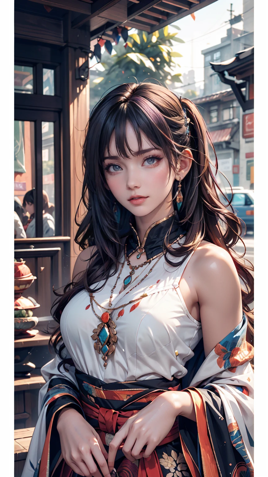 (Absurd, High resolution, Super detailed), (One girl:1.3), Twin tails, Purple Hair, break , Glitch Art, Digital Distortion, Pixelated Fragments, Data Corruption, Colorful Noise, Visual clutter, contemporary aesthetics break , Enamel Art, Glass-like surface, Vibrant colors, Glossy finish, Reflective Texture, Richly pigmented, fluid forms break , Ethnic Style, Traditional attire, Vivid patterns, Handmade textiles, Cultural motifs, Beaded Jewelry, Artisan handmade accessories