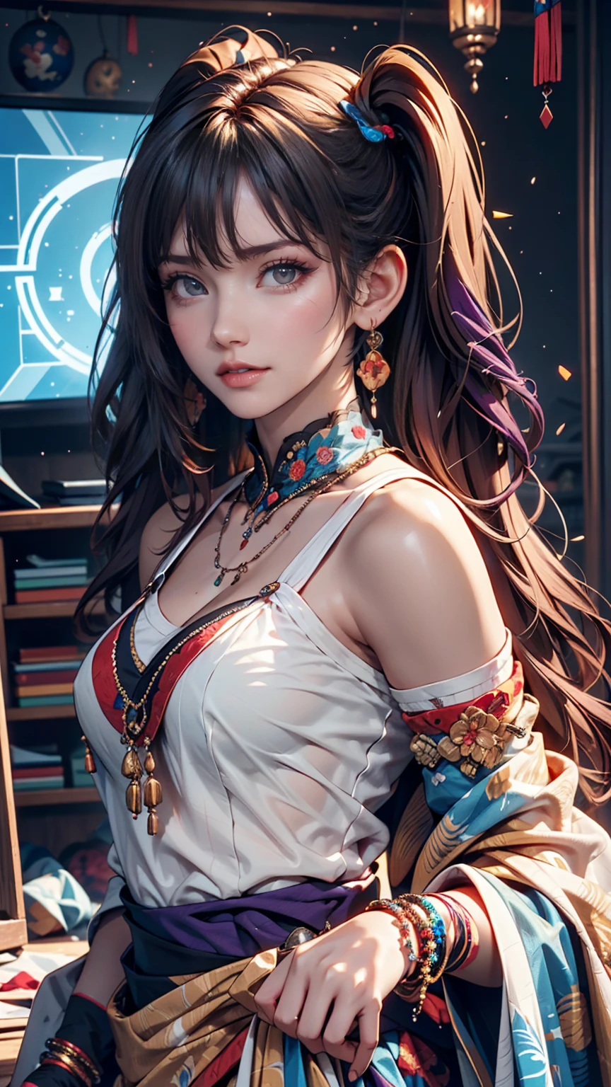 Close-up of a woman with colorful hair and necklace, Anime girl with space-like hair, Soft vitality of Ross Dres, Gubes-inspired artwork, Fantasy art style, colorful], Vivid fantasy style, Ross draws vibrant cartoons, universe and colorful, Gwaiz, colorful digital fantasy art, Great art style, Beautiful anime style, White skin, hulk clothes