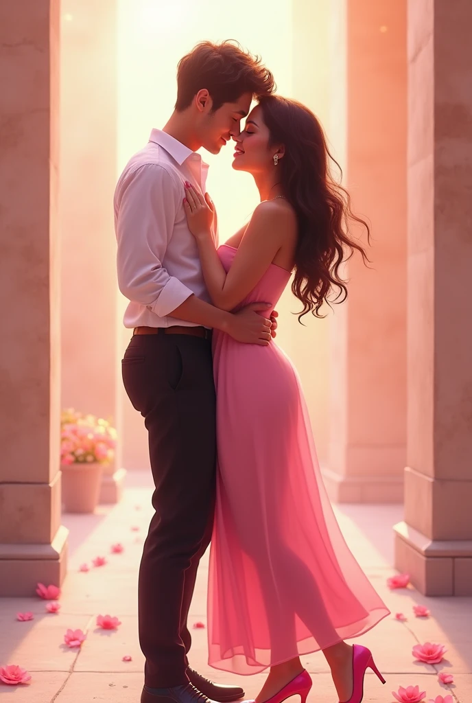 make image of skinny, tall boy doing romance with her girlfriend wearing pink dress and pink shoes  both are older than 22 age and girl is healthy with body, and add one text heading on photo as "Om ka Paplet"