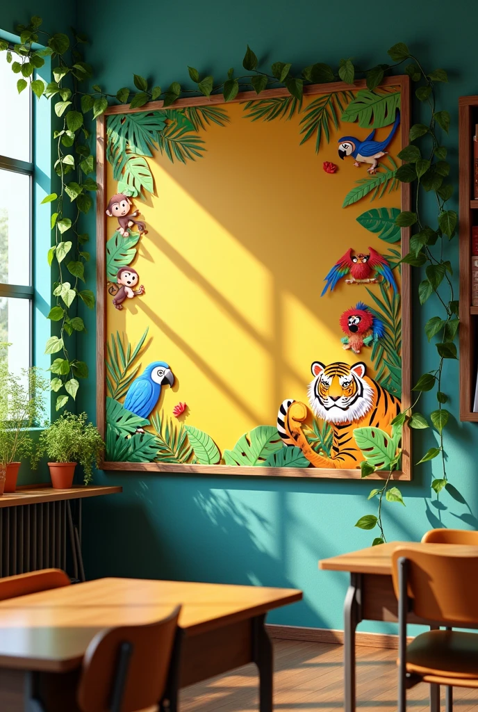 A soft board in classroom with jungle theme