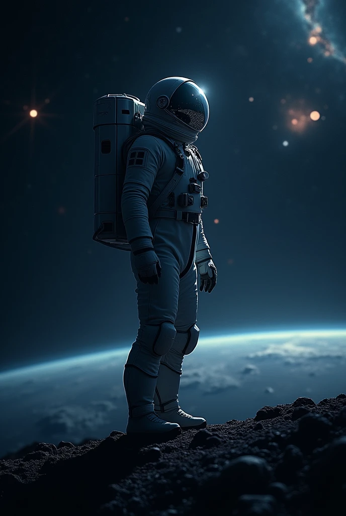 Sure! Here's a detailed prompt for generating an image o

"Generate an image of an astronaut standing in space, gazing upward with a sense of wonder and awe. The astronaut is wearing a modern spacesuit, with a reflective visor that subtly shows the stars and galaxies. The background is a pitch black , deep space filled with distant stars, nebulae, and planets. The lighting should highlight the astronaut's form, creating a contrast between the dark expanse of space and the bright suit. The overall mood of the image should be serene and inspiring, capturing the essence of exploration and discovery.Dont show the face of astronaut "