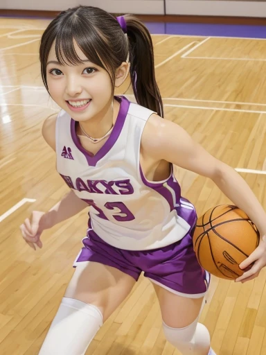 Japanese female, (underweight), (flat chest best quality:1.3), 30 years old, (cheerful grin:1.5),
(full body shot:1.2), basketball court, laughing, (running), ponytail, basketball uniform, (female player dribbling:1.4), from front