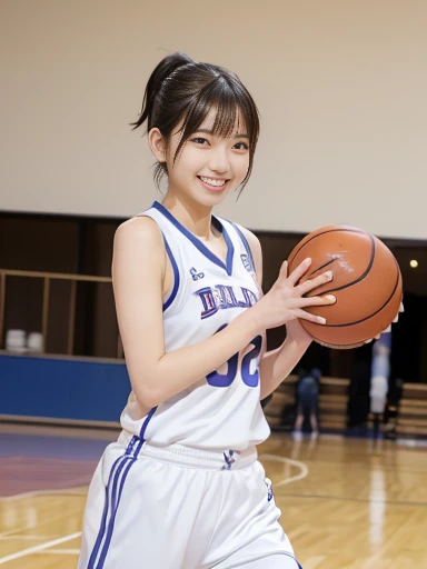 Japanese female, (underweight), (flat chest best quality:1.3), 30 years old, (cheerful grin:1.5),
(full body shot:1.2), basketball court, laughing, (running), ponytail, basketball uniform, (female player dribbling:1.4), from front