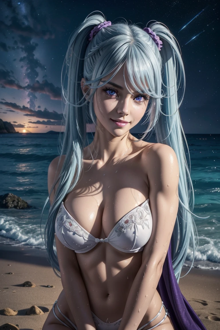 I want to be a powerful figure behind the scenes!,Epsilon,Silver blue hair,long hair,Twin tails,Aligned bangs,Beautiful purple eyes,Beautiful white skin,Photorealistic,Ultra HD,high quality,masterpiece,Digital SLR,Detailed details,Intricate details,Anatomical basis,Depicted in detail,A detailed face,Realistic skin texture,Vivid details,Perfect Anatomy,Perfect Anatomy,Anatomically correct hand,Anatomically correct fingers,Super Detail,Complex 3D rendering,Sexy pose,tail,Wet,Beautiful night sky,A beach with a beautiful starry sky,Fantasy worldview,Picturesque,Pink Lips,smile,