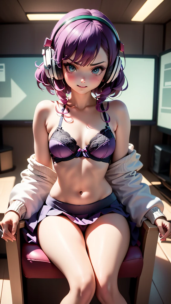 (ultra realistic, girl, short purple hair , angry  smile  , headphones, sitting, slumped in an armchair, in a futuristic cabin, surrounded by monitors, and olographic screens , view from above, green lights, flat chest, pre-adolescent. She looks with smug ,  bra , mini-skirt, visible panties. open legs 
